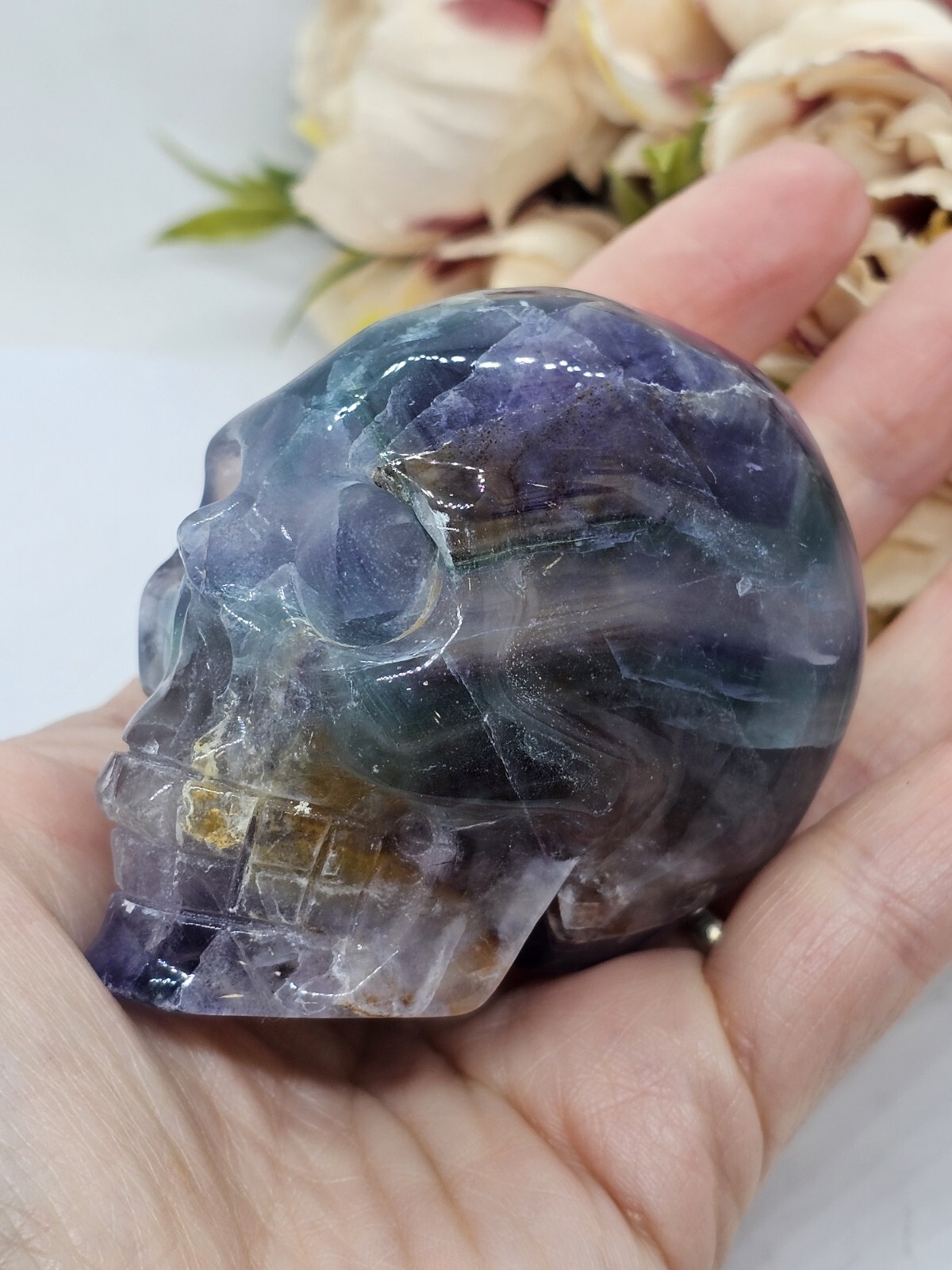 Rainbow Fluorite Skull Crystal Carving 248g Purple Green Blue 5x 6 x 4cm
