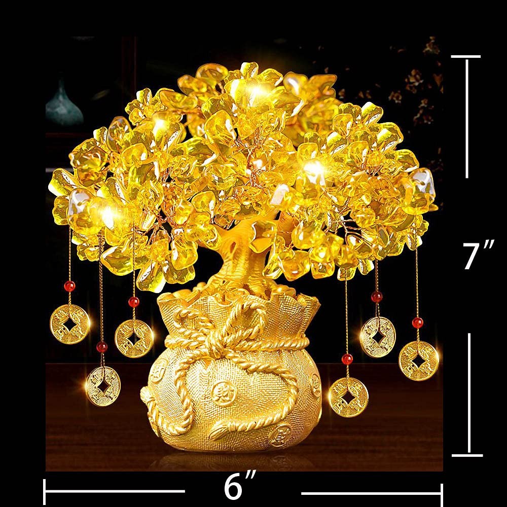 Feng Shui Crystal Money Tree with Dragon Pot Citrine Tree Hangs Lucky Cold Coins
