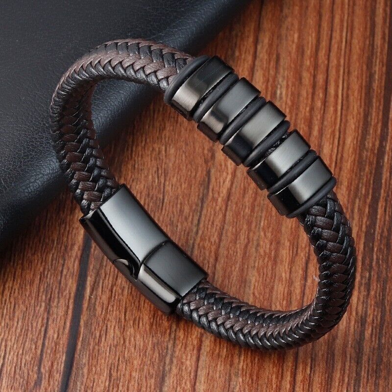 Men’s Leather Braided Bracelet Bangle Titanium Steel Magnetic Clasp Gift