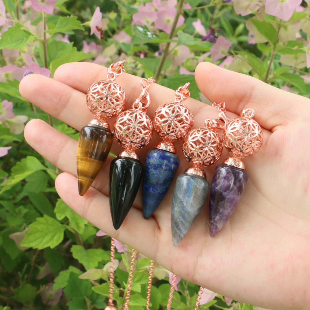 1pc Bullet Cone Crystal Chakra Chain Pendulum Quartz Stone Metal Dowsing Pendant