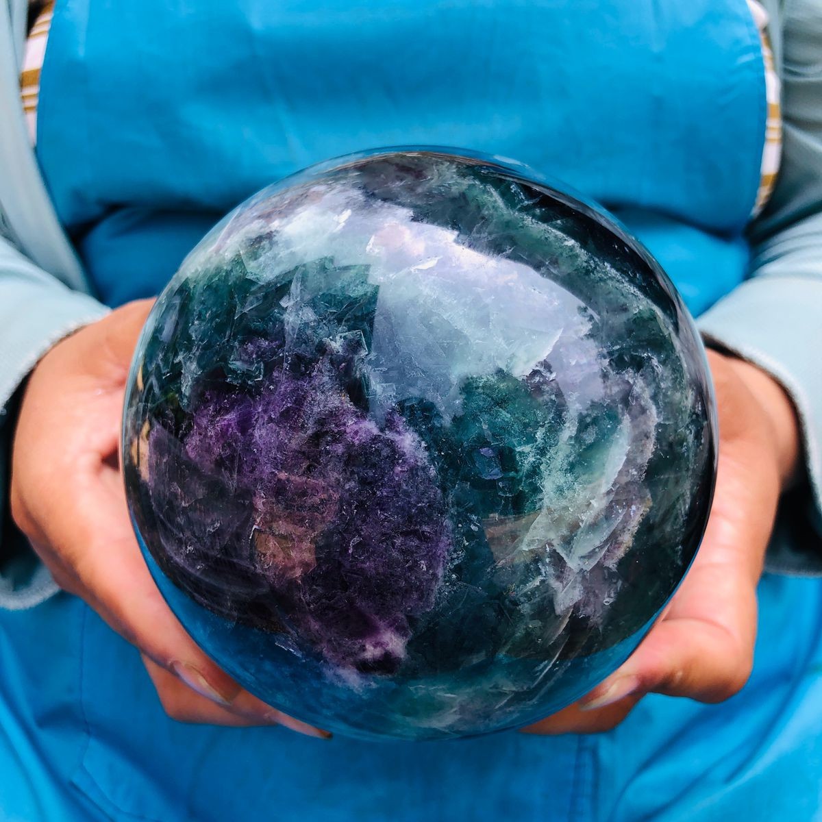 5.69LB Natural rainbow fluorite sphere quartz crystal polished ball healing