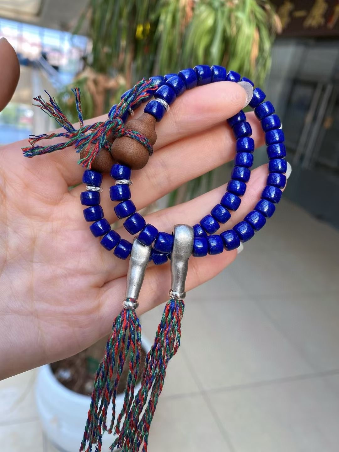 Genuine Polished Lapis Straight Cut Bead Wooden Hulu Ethnic Handmade Bracelet