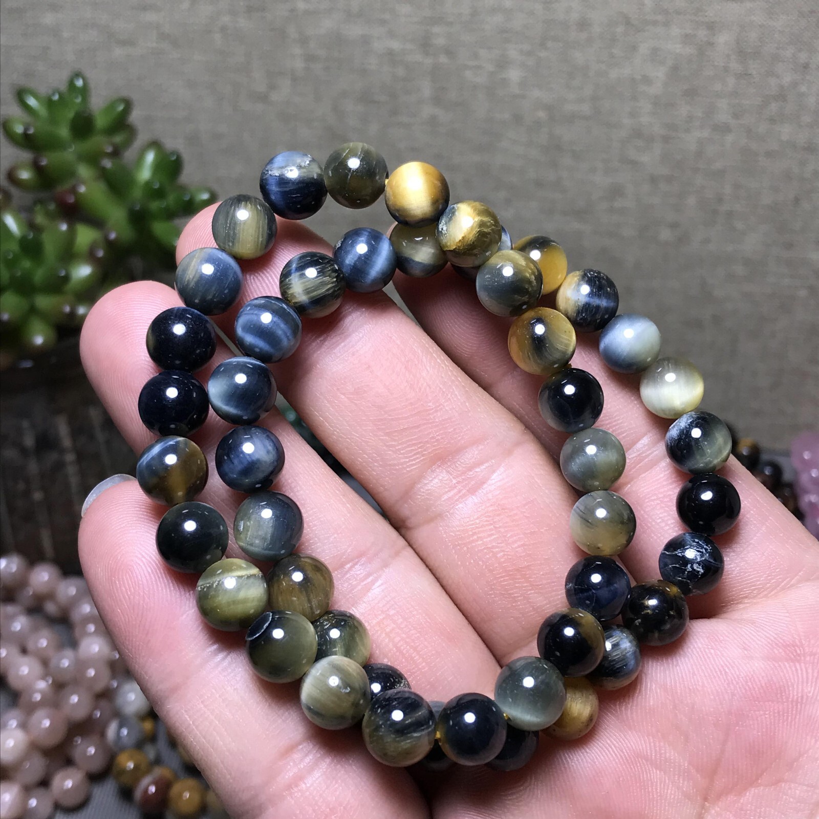 5Pcs Wholesal Natural Polish yellow Blue Tiger eye bracelets Crystal ball 8mm