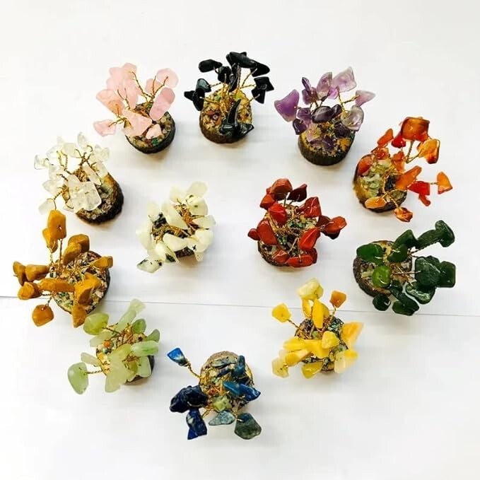 12Pcs Set Crystal Tree Box Handmade Crystal Multi Stone Trees Home Office Decor