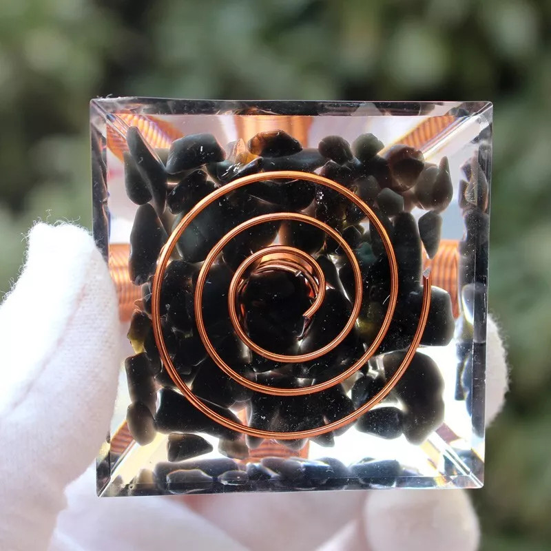 Spiral Copper Orgonite Pyramid Obsidian Orgone Healing Crystal Energy Meditation