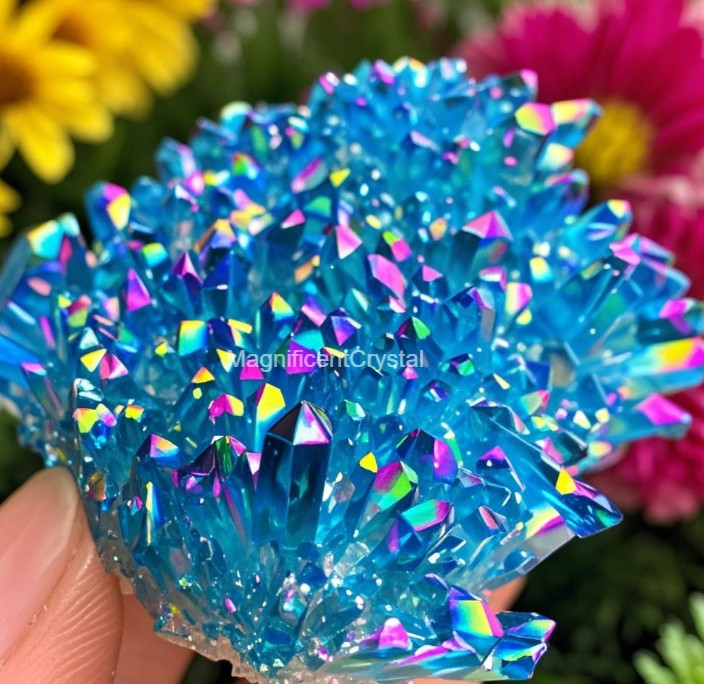 Titanium Aura Blue Quartz Crystal Healing Rainbow Cluster Geode Home Decor Gift