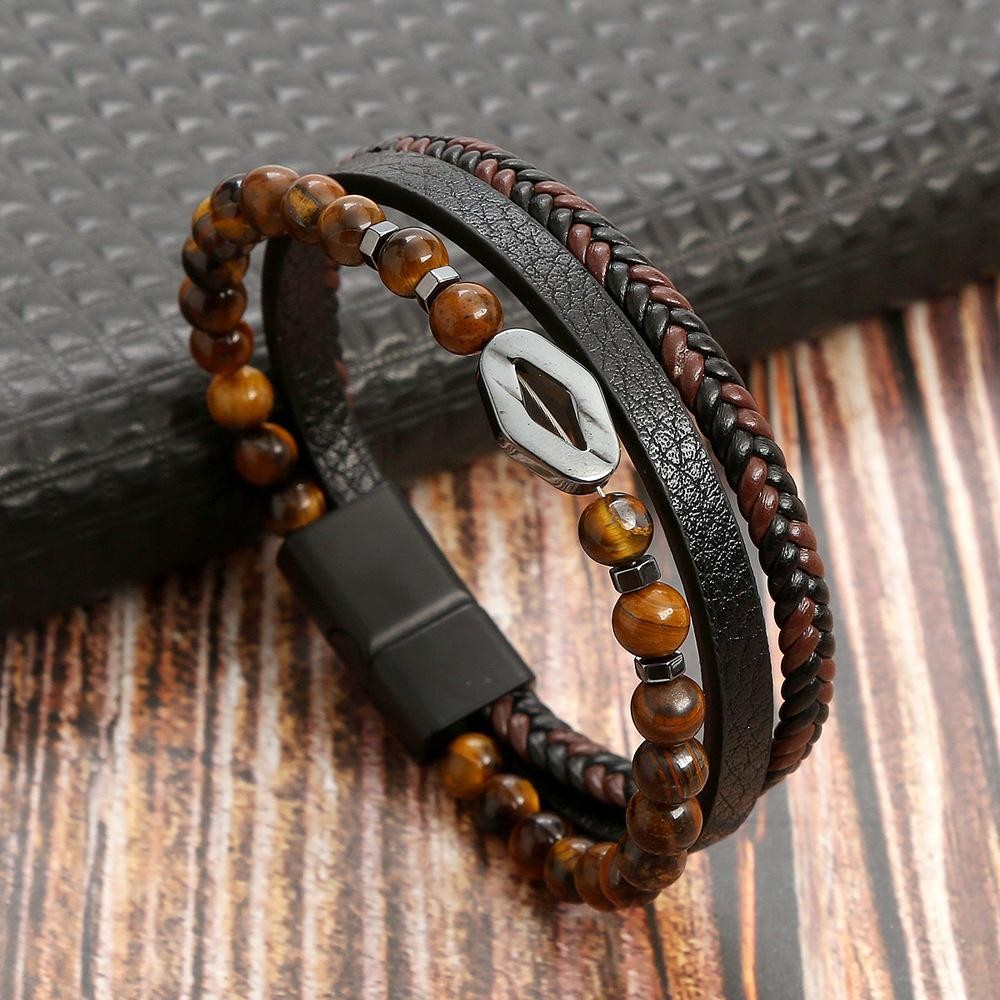 Men’s Classic Tiger Eye Beaded Leather Bracelet Multi Layer Elegant Jewelry Gift