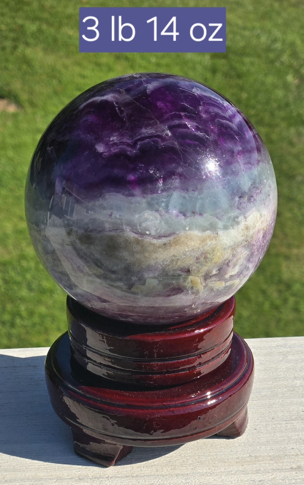 1757g [3lb 14oz] NEW Feather Fluorite Crystal Sphere on Wood Rotating Base. USA