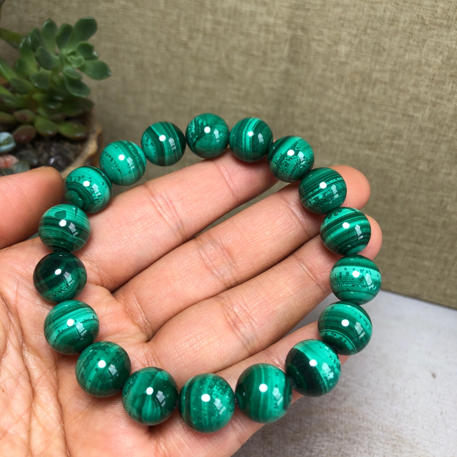 12mm Natural malachite gemstone Crystal chain beads bracelet 67g A4759