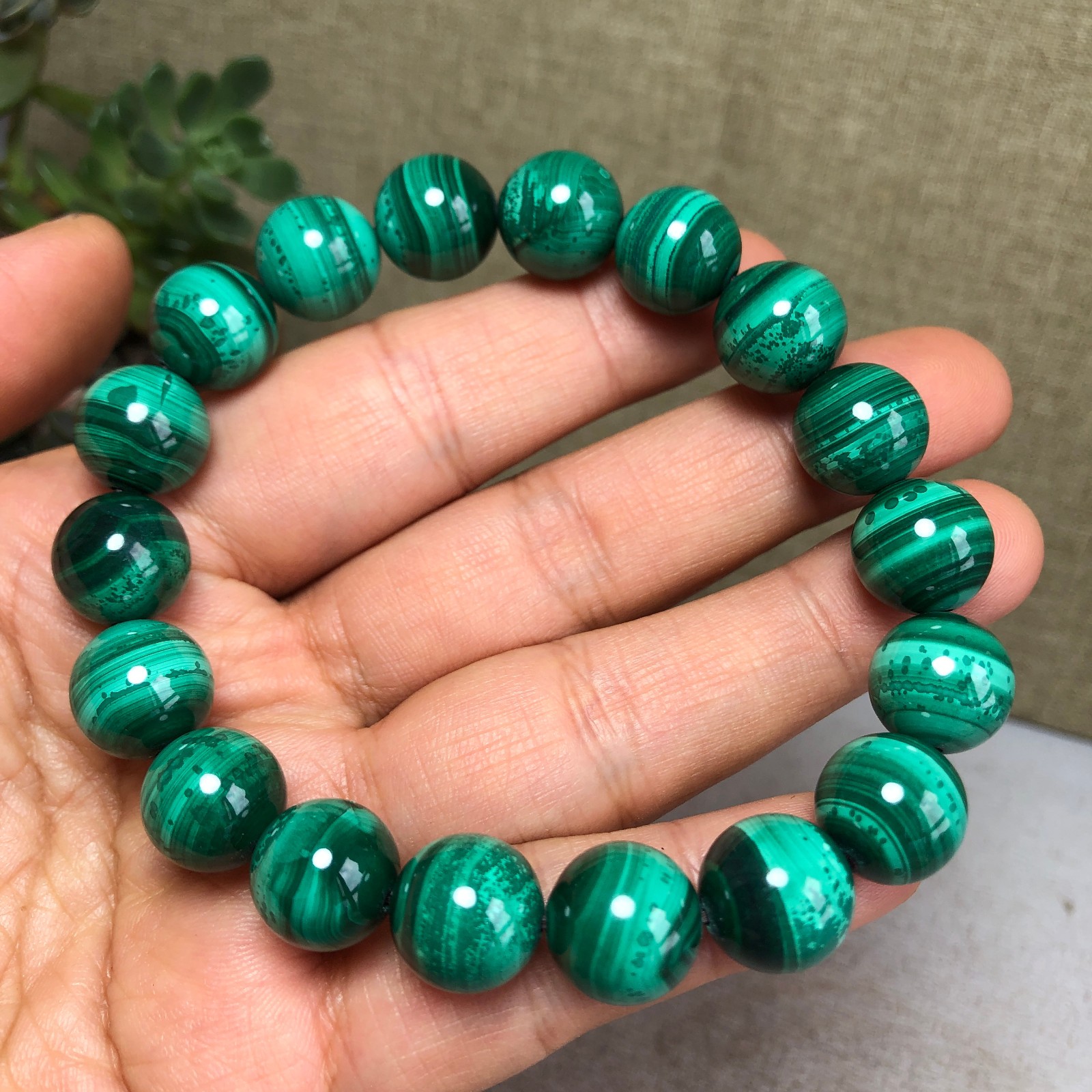 12mm Natural malachite gemstone Crystal chain beads bracelet 67g A4759