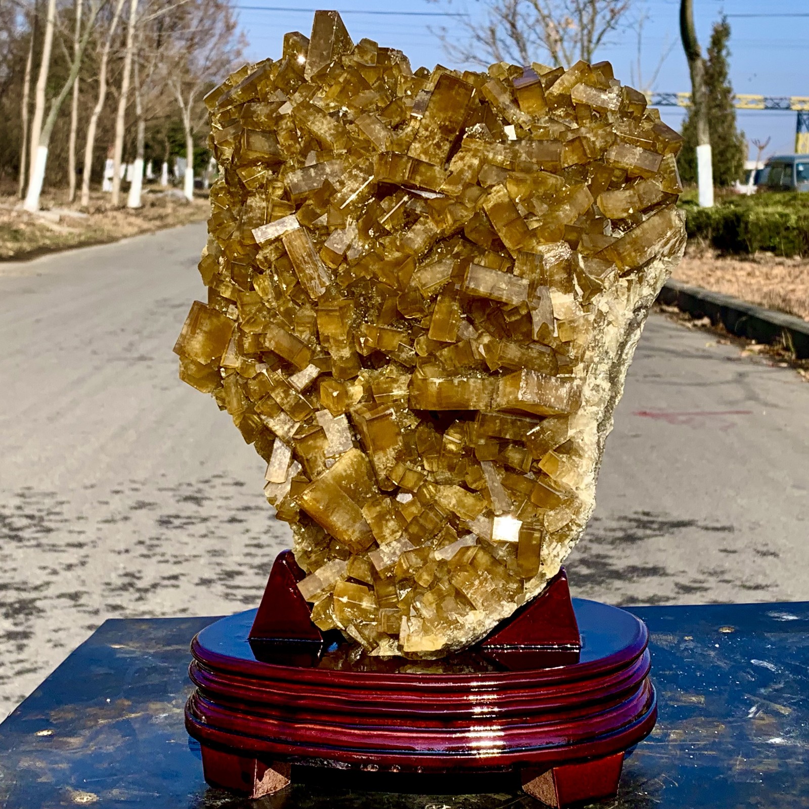 16.14LBShiny Golden Cuboid Barite Crystal Based on the Purple Spherical Fluorite