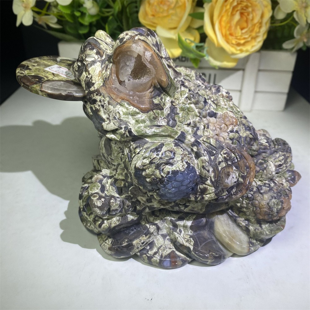 5.6LB 5.9″Natural A+Geode Money Agate Golden Toad Crystal Reiki Carving Decor