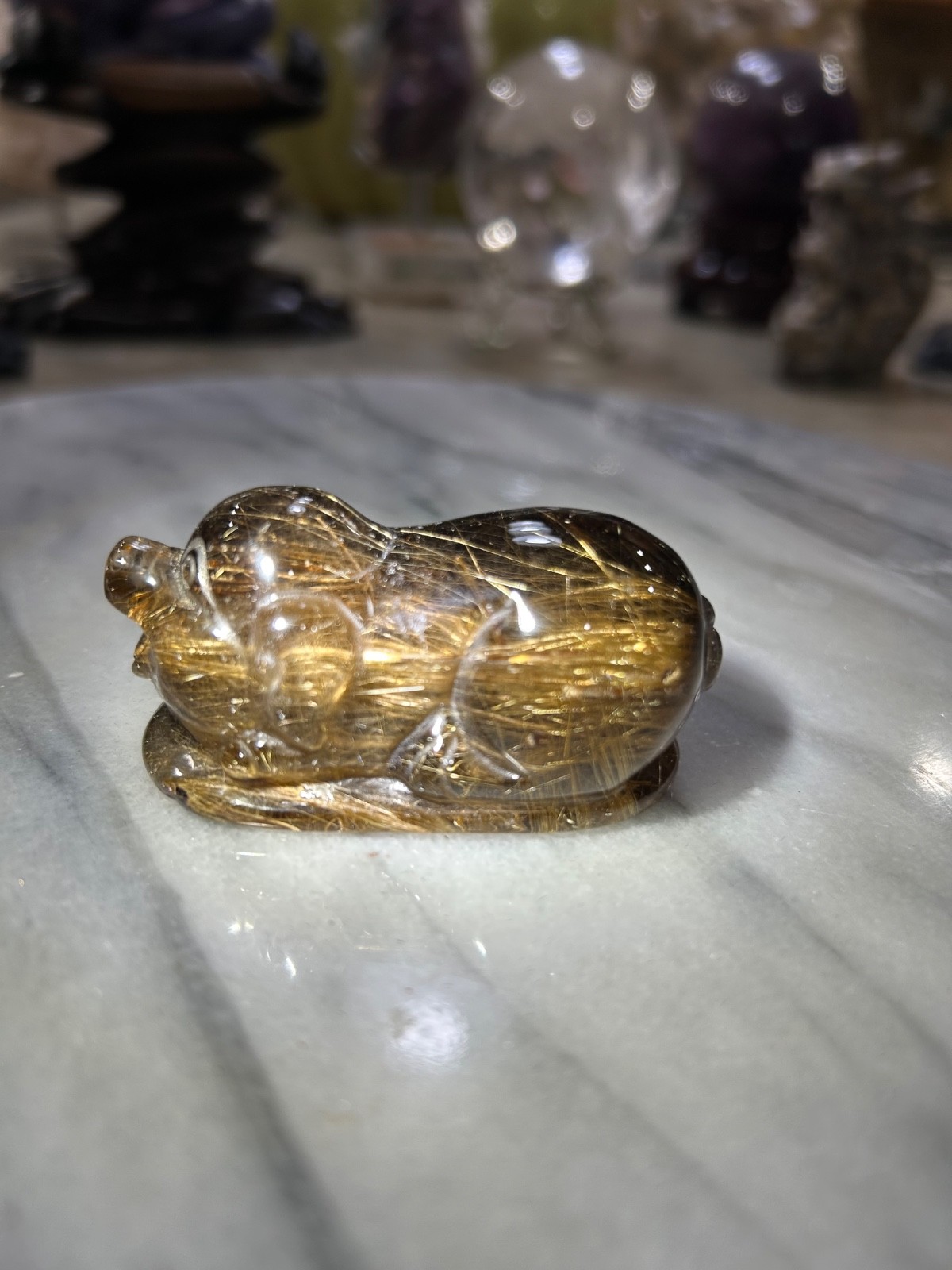 Golden rutile smoky quartz Crystal pig carving