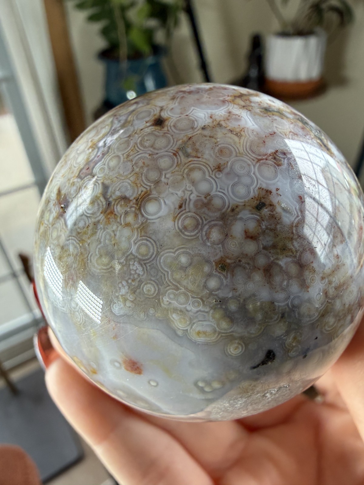 8th Vein Ocean Jasper Sphere – Pink, Green & White Orbs – 7.09 oz