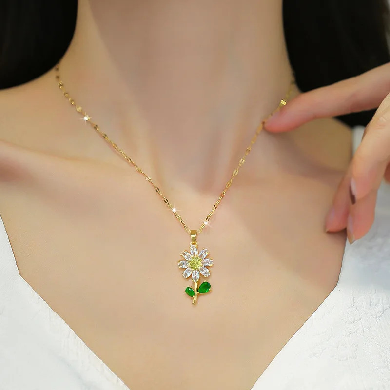 Women’s Fashion Jewelry Gold Cubic Zircon Sunflower Earrings Necklace Set Reiki