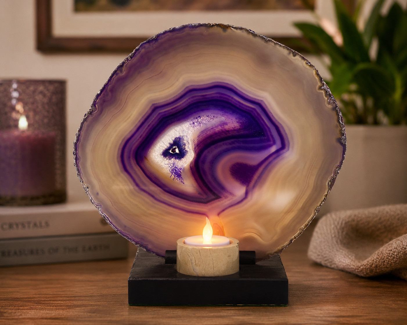 Large Agate Crystal Slice Purple Banded Candle Night/ Tea Light Stand Holder