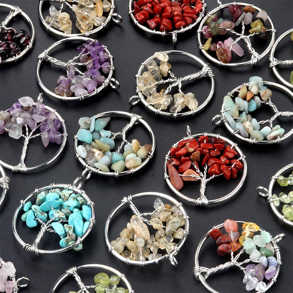 Natural Crystal Quartz Tree of Life Wire Wrapped Stone Pendant Necklace Healing