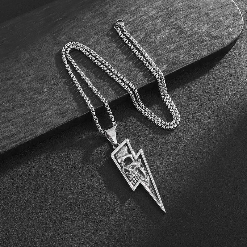 Men’s Fashion Jewelry Silver & Gold Skull Lightning Bolt Pendant Necklace