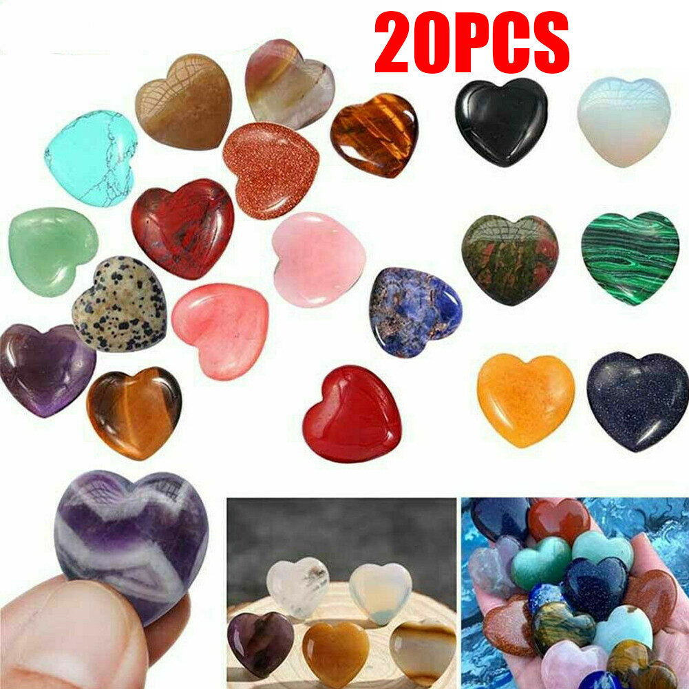 20pc 20mm Mixed Natural Crystal Quartz Carved Heart shaped Healing Love Gemstone