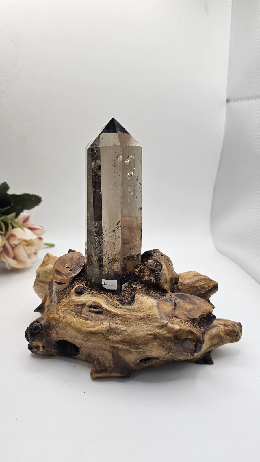 A Grade Smokey Quartz Freeform On Wood Root Base Point 261g 15.5cm smoky