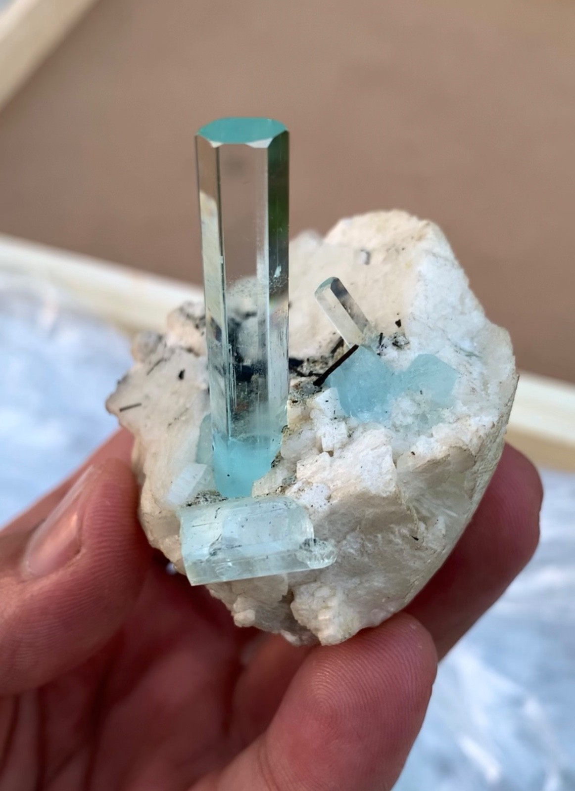 Natural rich blue aquamarine crystal with albite and schorl from skardu,Pakistan
