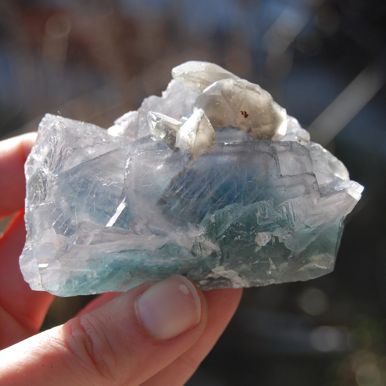 3in 258g Teal Cubic Fluorite Crystal Cluster with Calcite, Large Raw Blue Green