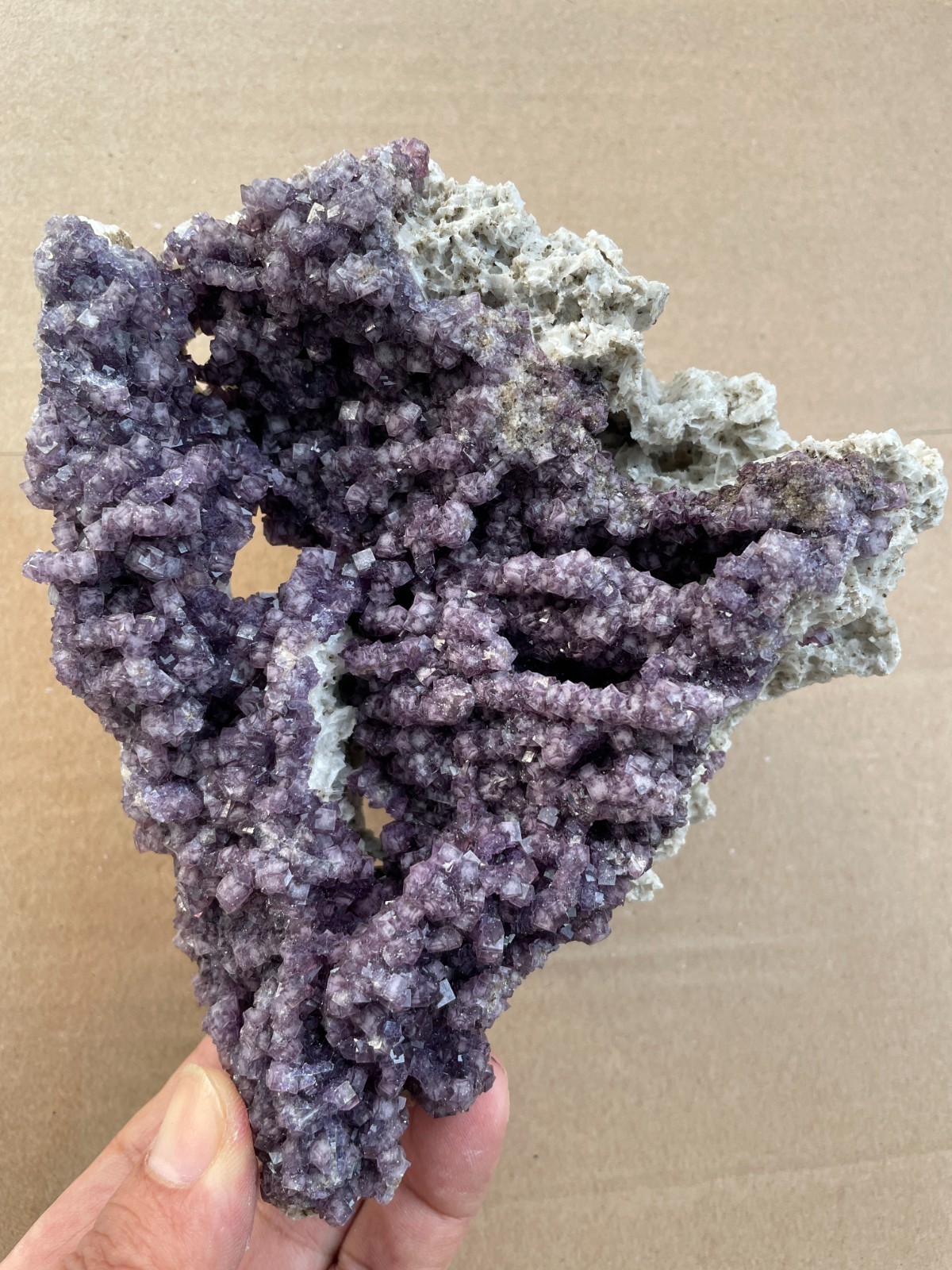 570g Natural cube fluorite on gypsum color-changing magical Landscape stone