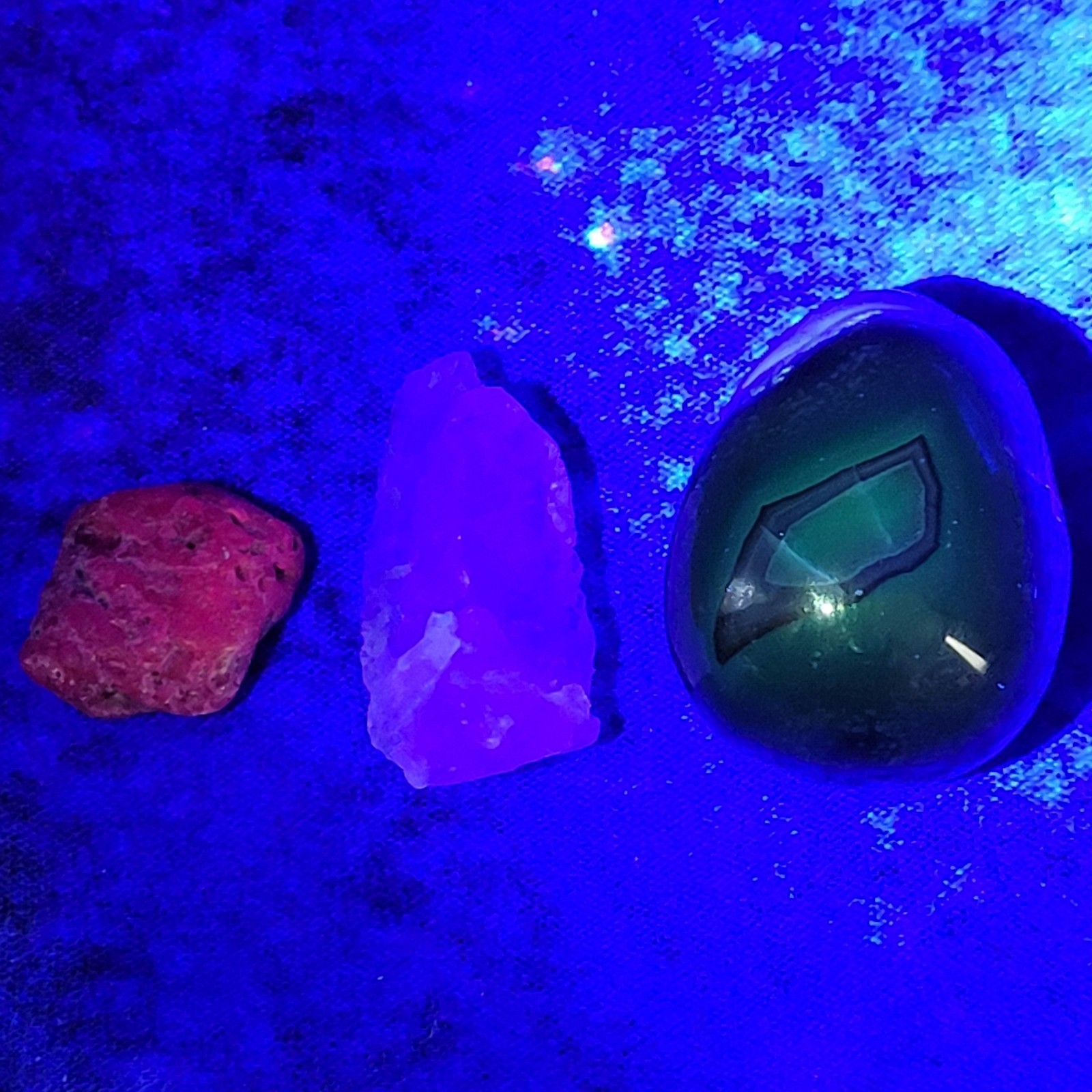 3 UV Glow Reactive Minerals: Ruby, Volcano Agate, Fluorite in Floating Display