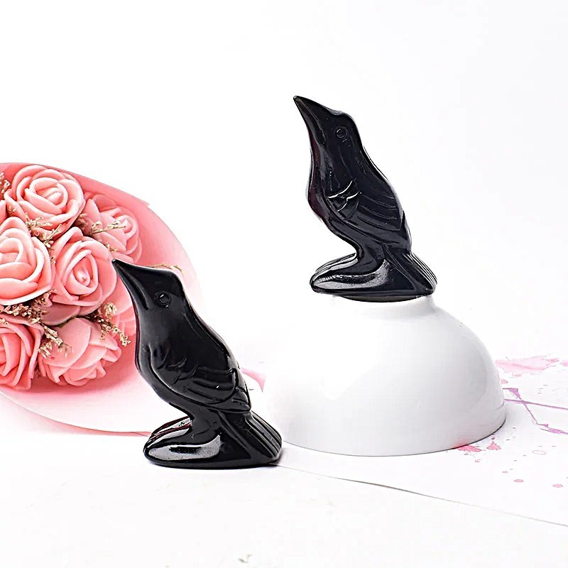 Raven Statue Home Decor Natural Obsidian Carved Gemstone Crow Bird Figurine