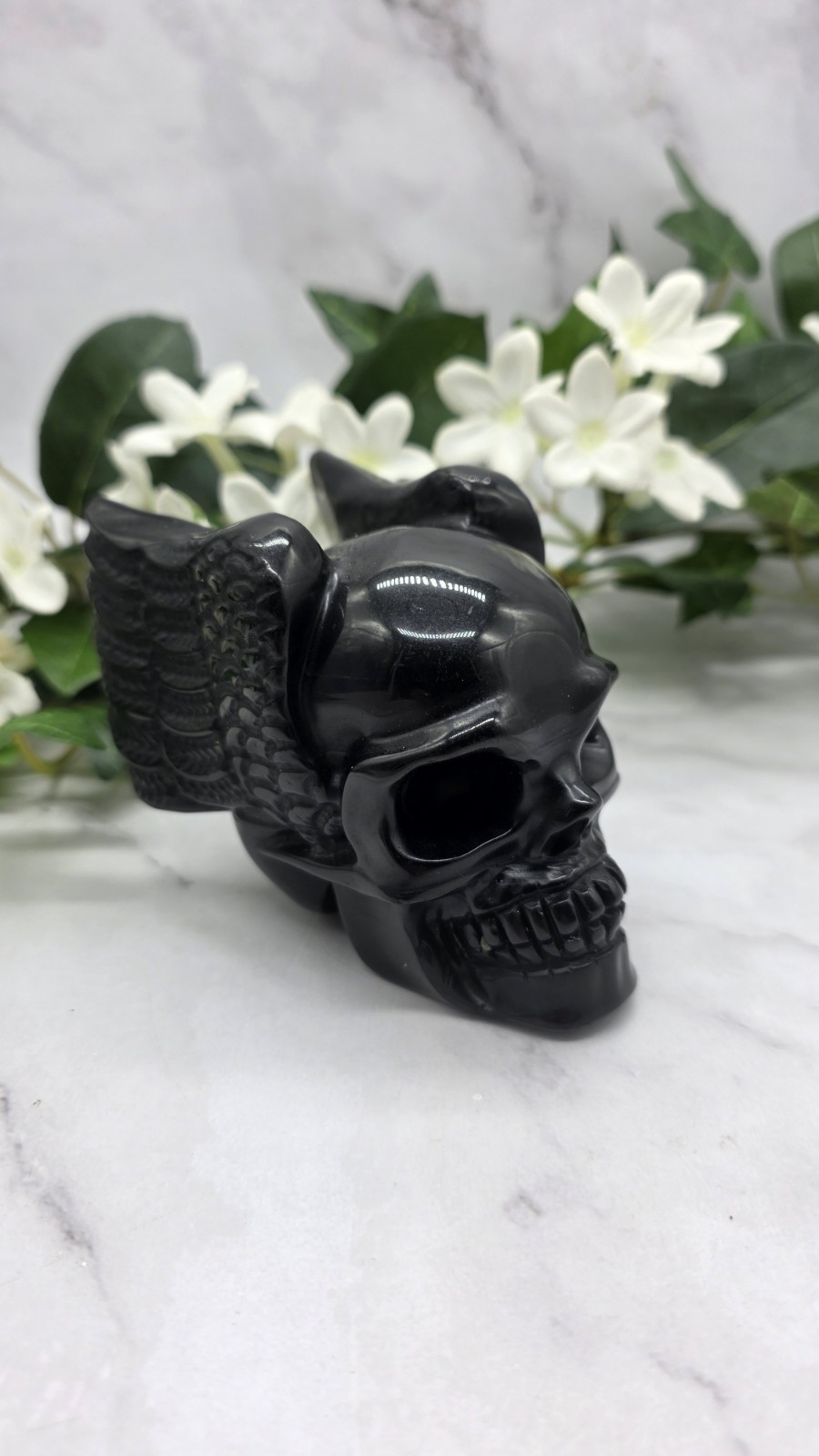 Black Obsidian Winged Skull Crystal Carving Polished Gothic Angel Wings 3 Inch