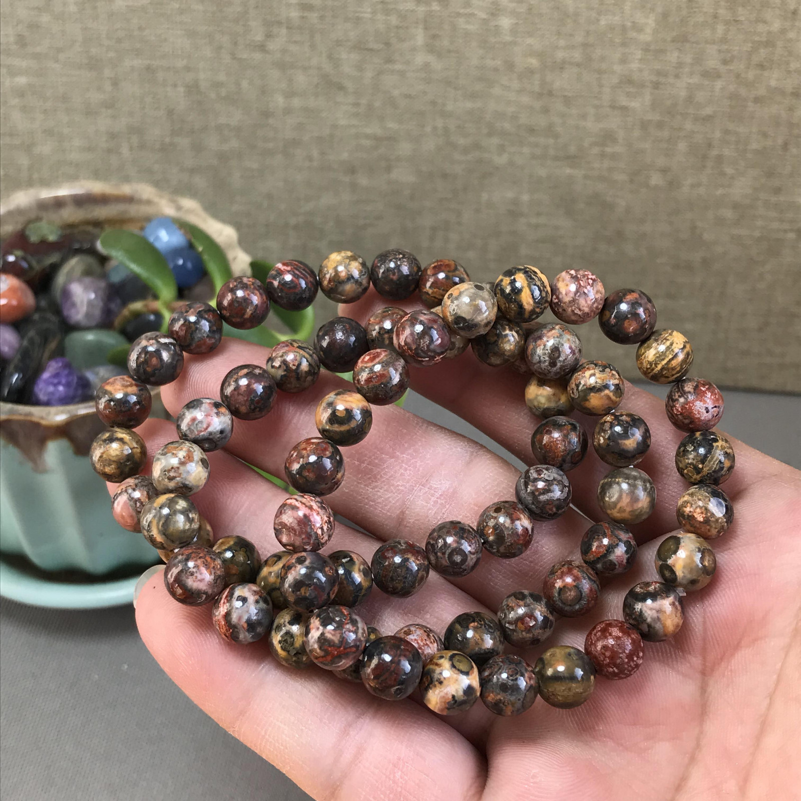 5Pcs Wholesal Natural Polish Leopard stone bracelets Crystal ball sphere 8mm