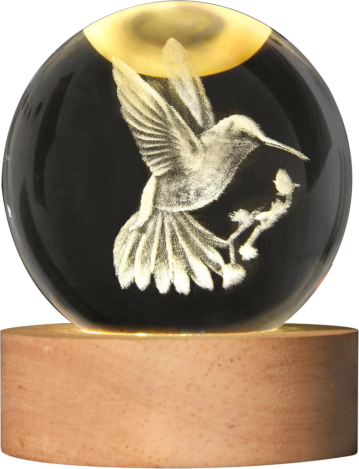 3D Laser Engraved Bird Crystal Ball with LED Stand, 60Mm Hummingbird Figurine
