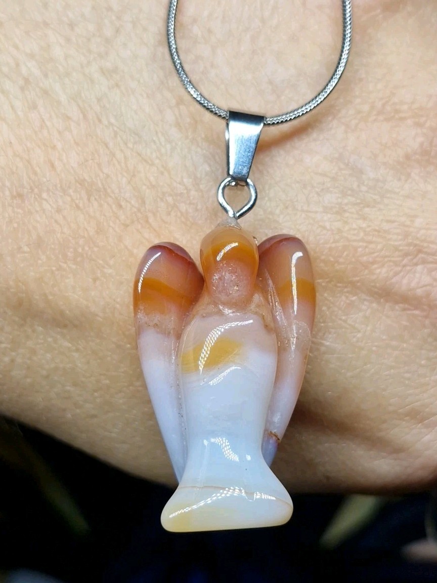 Carnelian Agate Crystal 3.5cm Angel Pendant On Stainless Steel Snake Chain