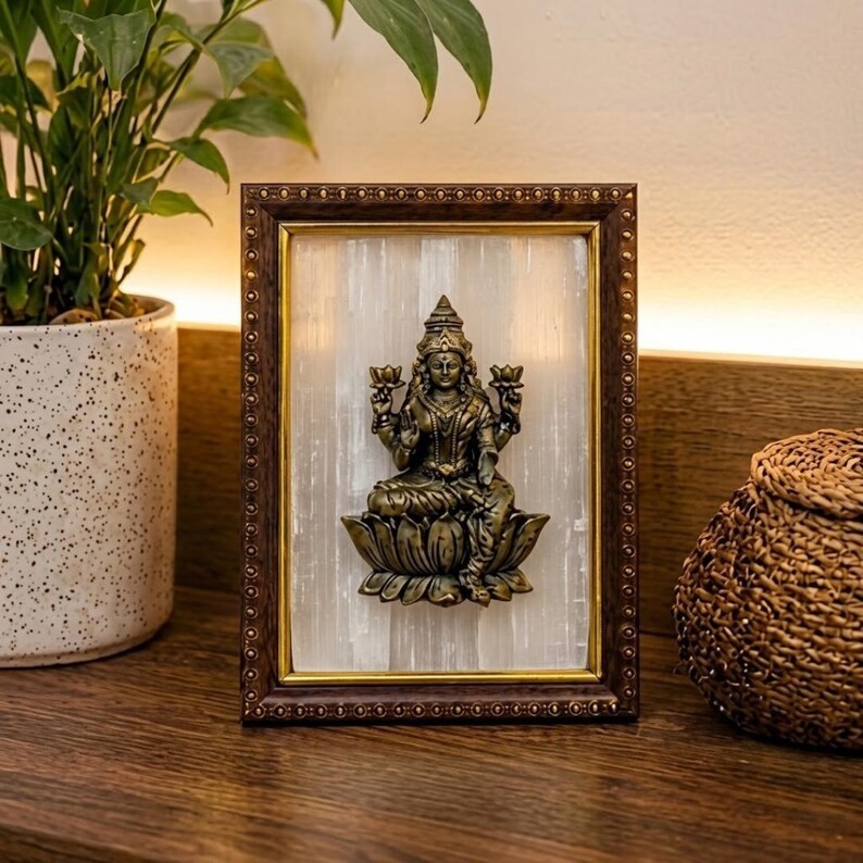 Pyrite Lakshmi Goddess Frame Selenite Crystal Wall Art Wealth Prosperity Decor