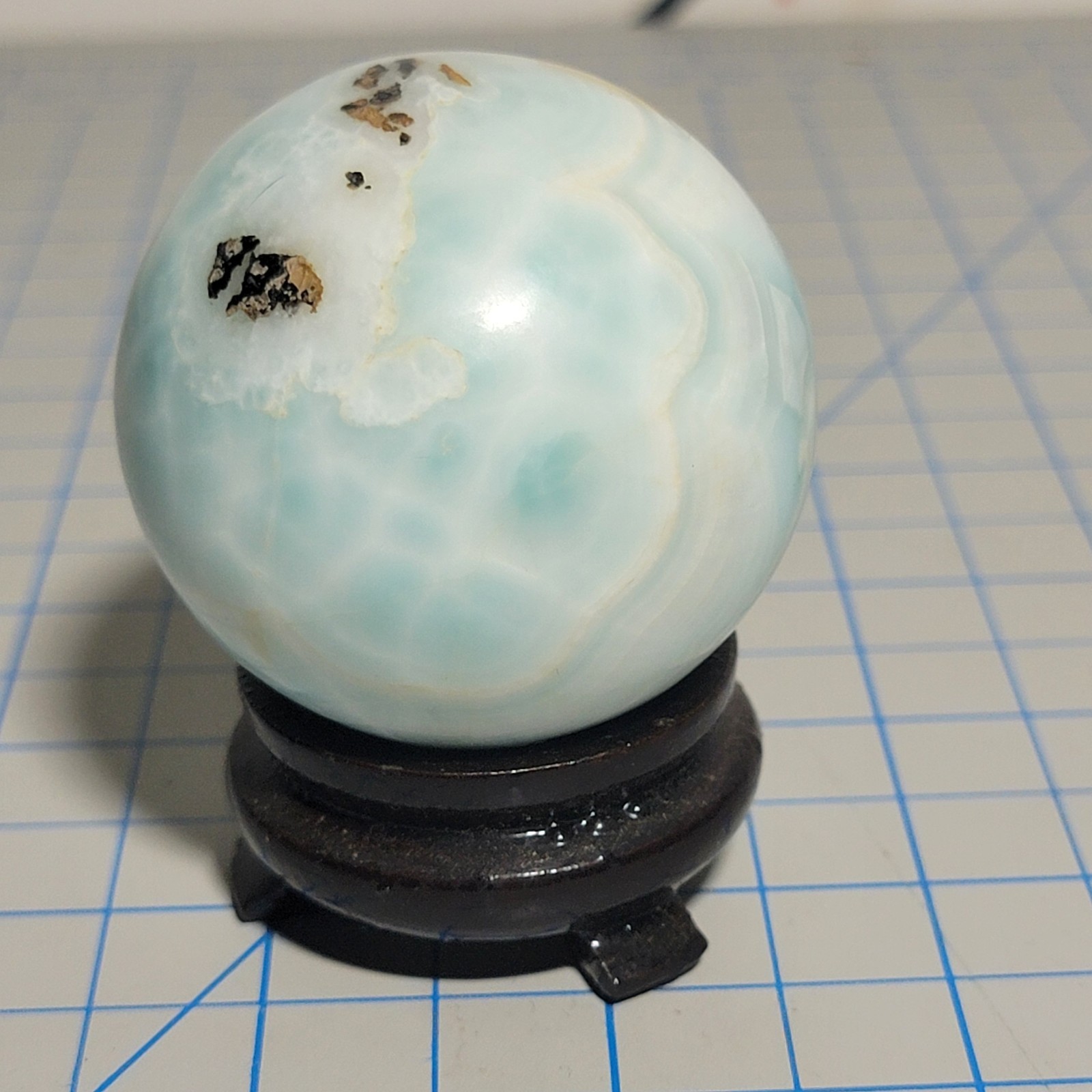 50mm Natural Dominican Larimar Polished Sphere w/Matrix Wooden Stand Included