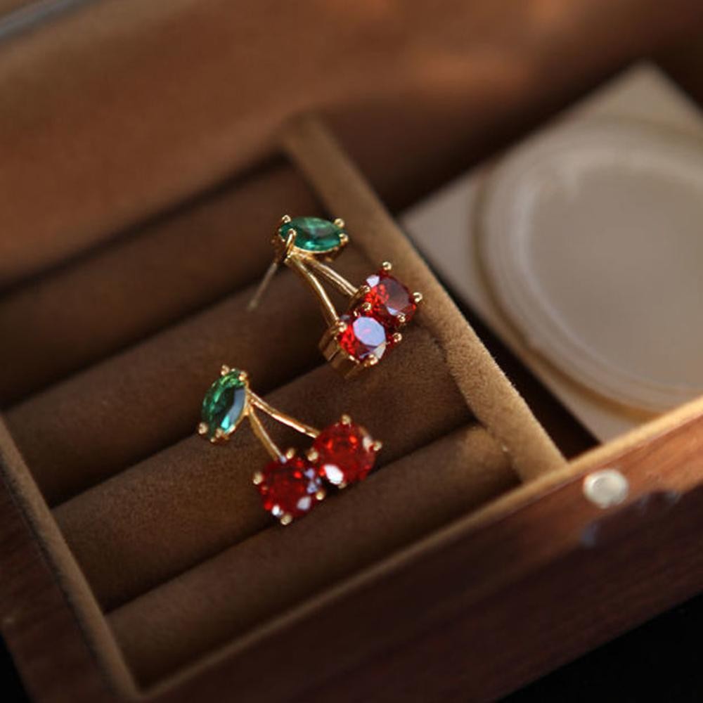 2024 Red Zircon Cherry Leaf Earrings Women Crystal Dangle Party Gift