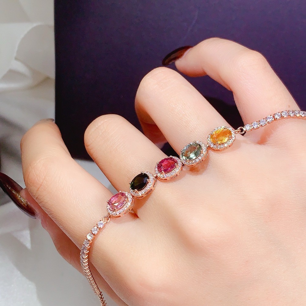 Natural Tourmaline Ruby Gemstone Emerald bracelet S925 Silver Plated 18K Gold