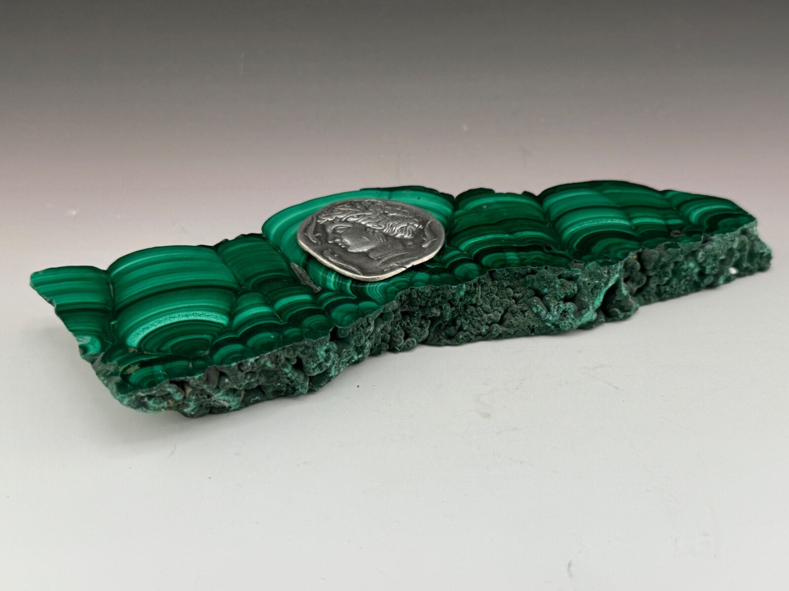 443 gr. Malachite Slab Sterling Silver Coin Paperweight Rock Art Sculpture