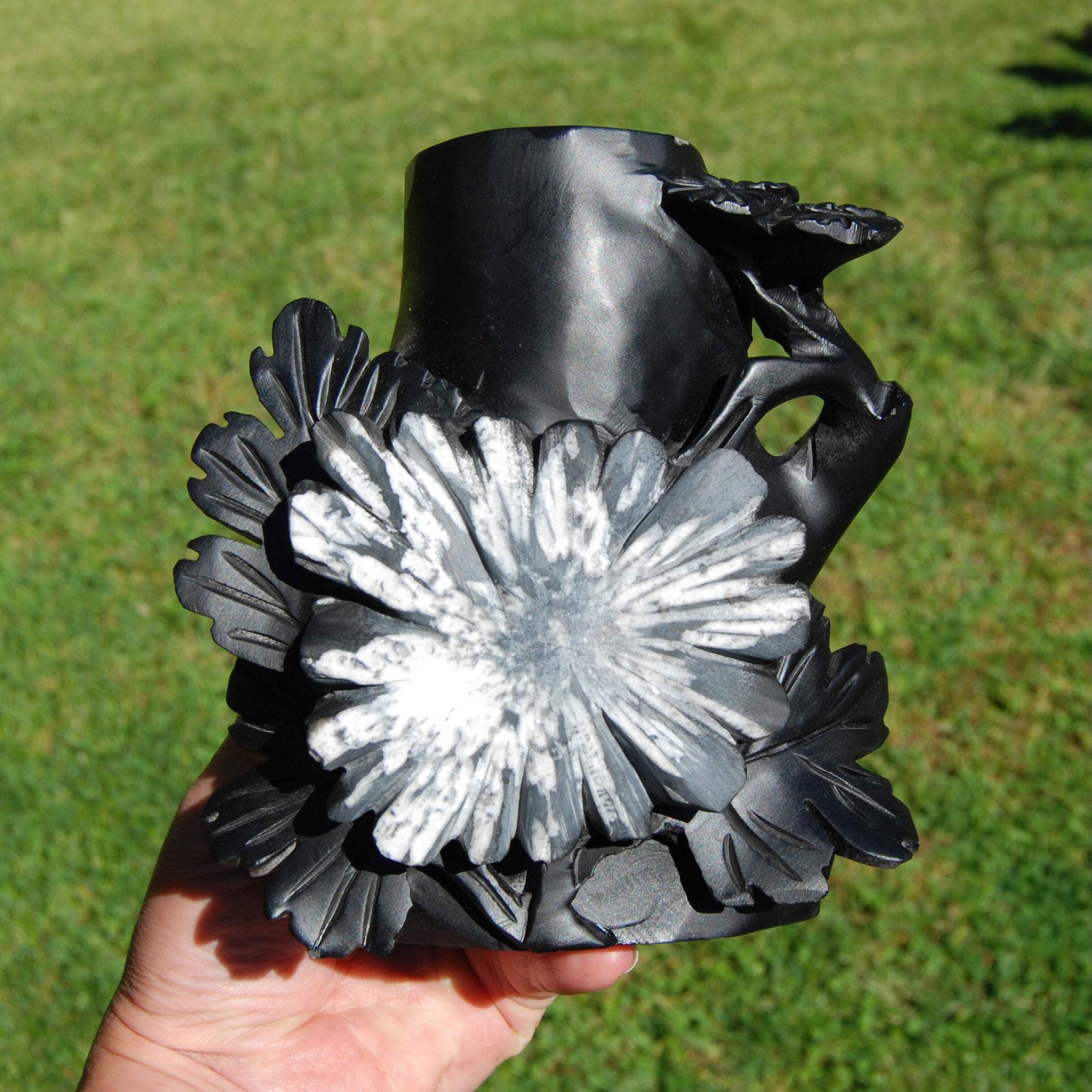 Chrysanthemum Stone Crystal Vase | 5.75″ Hand Carved Ornate Flower Design, Joy &