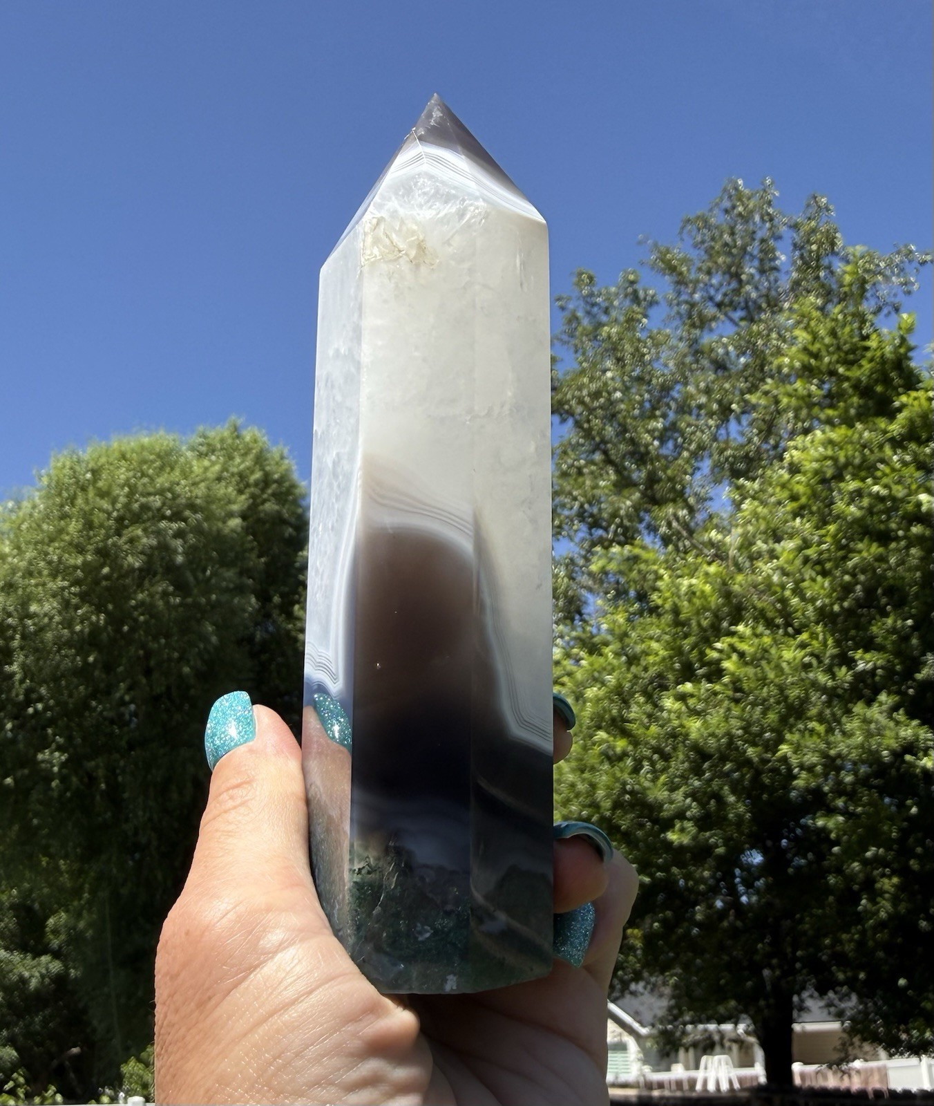 Large Natural Moss Agate in Quartz Crystal Tower White Plume Green Moss 6”