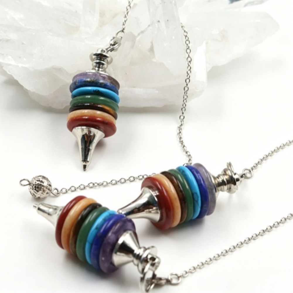 Natural Seven Chakra Crystal Disc Pendulum Dowsing Pendant HandCrafted Healing