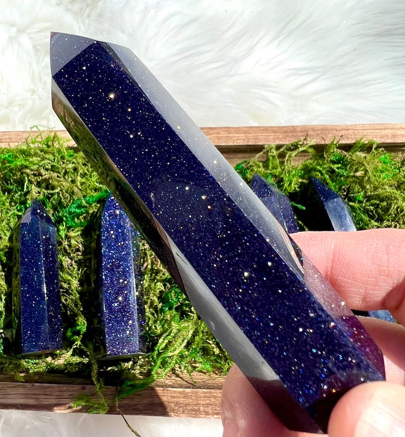 Blue Goldstone Healing Crystal Wand Obelisk Tower Point Home Office Decor Gifts