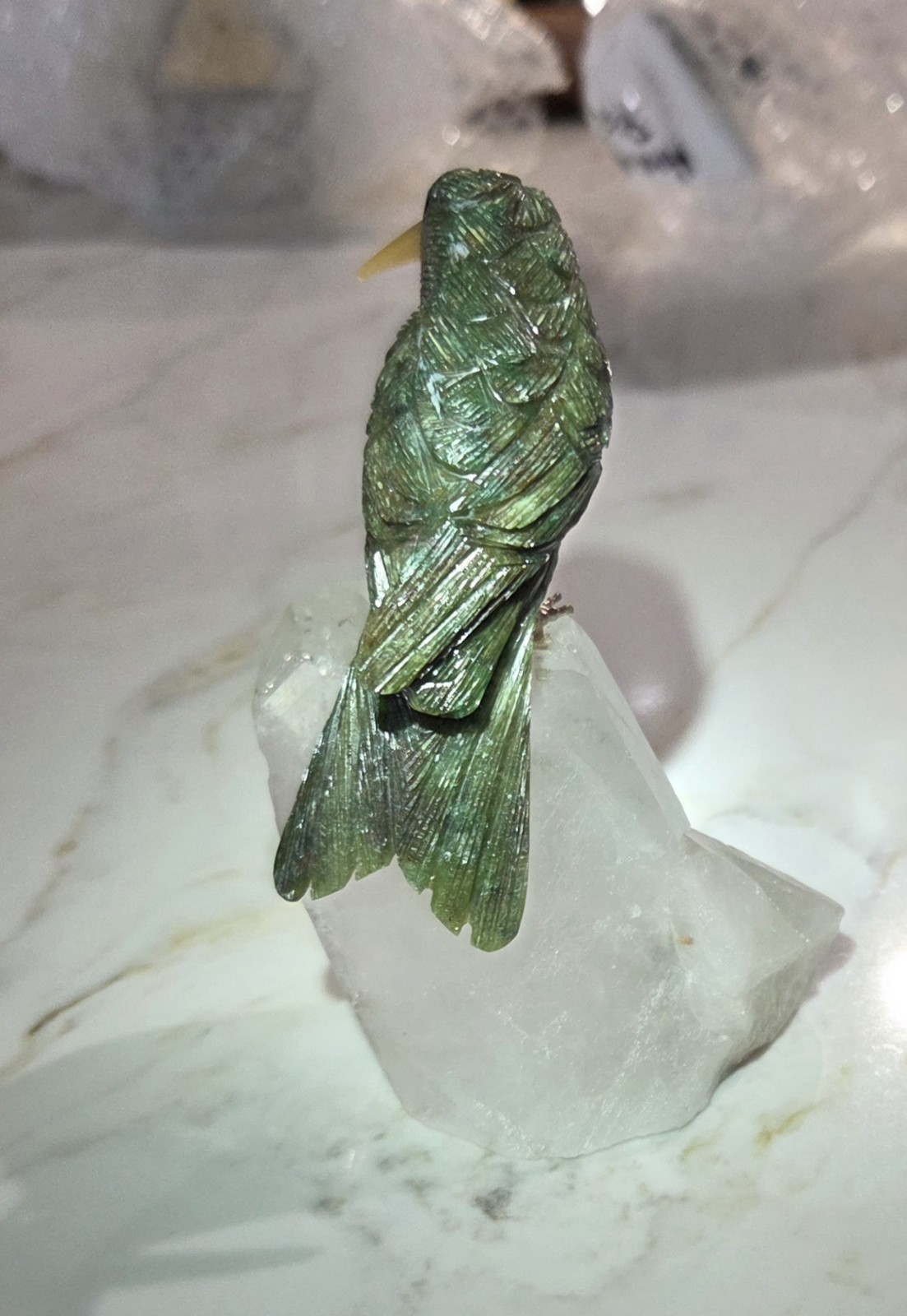 Peter Müller Carved Gemstone Hummingbird on Tourmalinated Quartz Crystal 4.5″