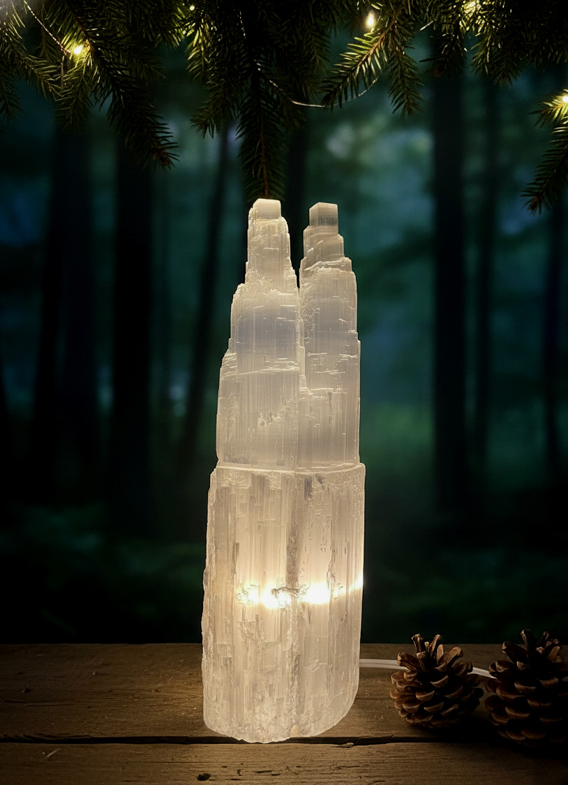 LARGE SELENITE CRYSTAL DOUBLE TOWER LAMP – STANDING DISPLAY HEALING CRYSTAL