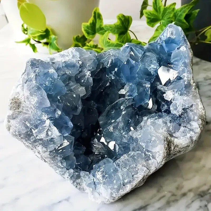 1pc Celestite Crystal Cluster Sky Blue Druzy Natural Stone Home Decor 1.5-2.2 lb