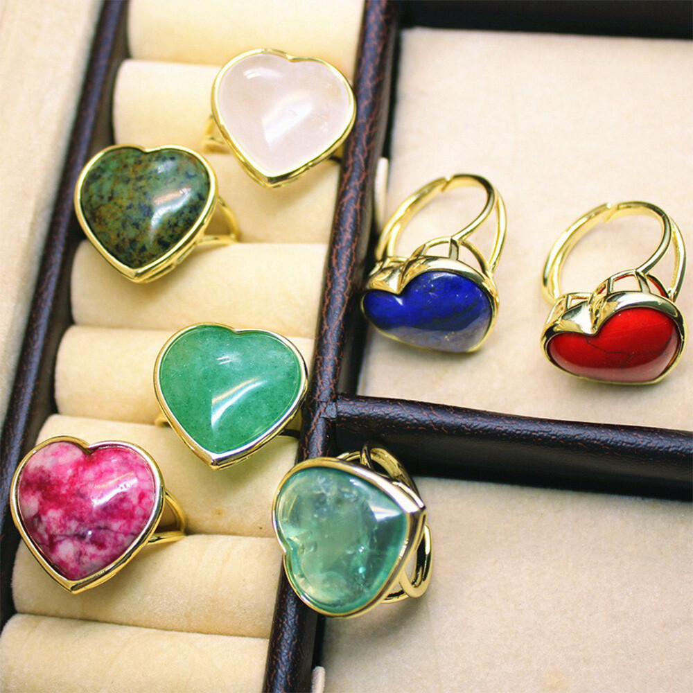 1pc Chakra Love Heart Crystal Rings Gemstone Quartz Bead Jewerly Gift Adjustable