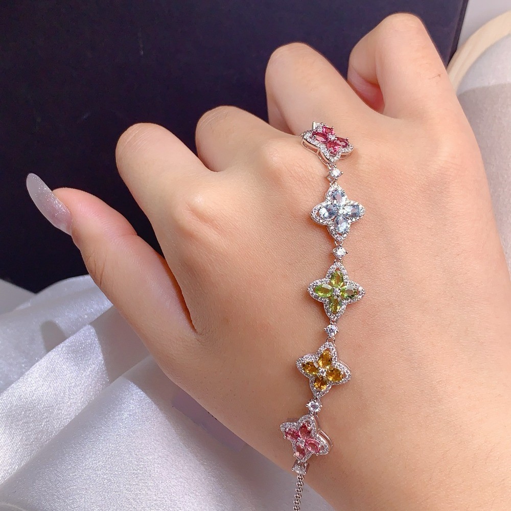 Natural Tourmaline bracelet Gemstone jewelry S925 Silver Plated 18K Gold Gift