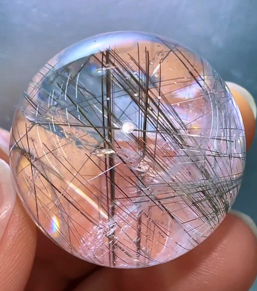 26mm Natural Rainbow Rutilated Quartz Sphere Crystal Ball Reiki Healing Decor