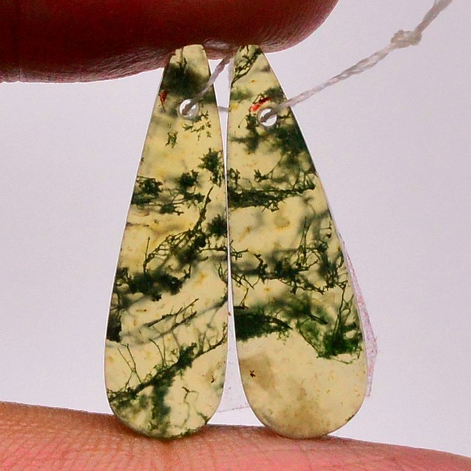 13Cts Natural Moss Agate Gemstone Cabochon Front Drill Earrings 23x5mm #P2562