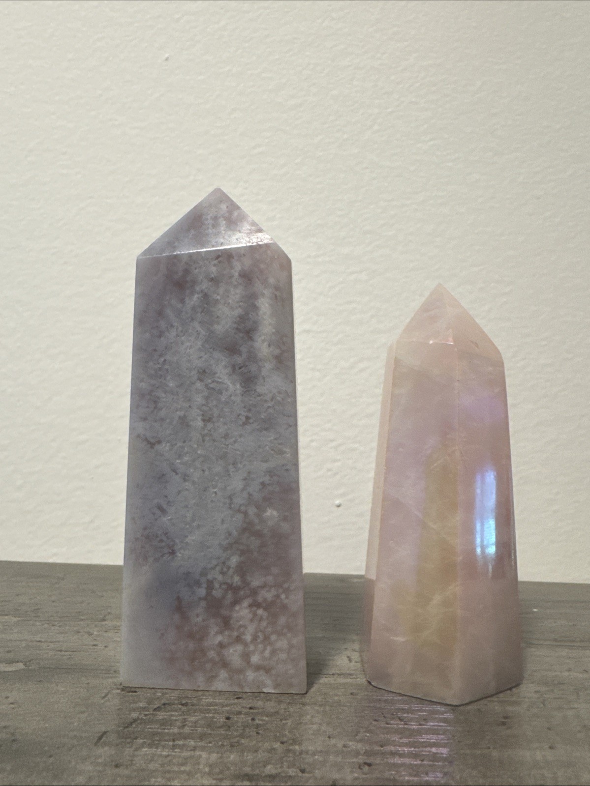 Aura Coated Flower Agate & Rose Quartz Tower Set 4”/3.25” 250 Grams